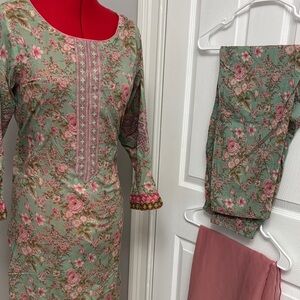 Floral Printed 3-Piece Kurta Set in Sage Green and Rose